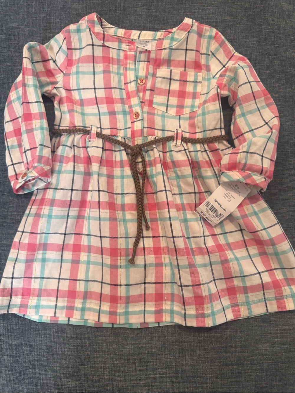Carters Girls Plaid Shirt Dress with Braided Belt pretty gold sheen in fabric